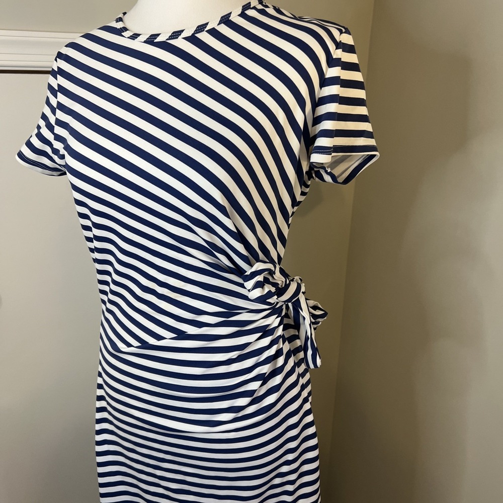 J. McLaughlin Catalina Cloth Striped Side Tie Dress Navy White Medium - Picture 3 of 9